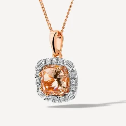 9ct Rose Gold Cushion Morganite & 0.25ct Baguette & Brilliant Diamond Surrounded Pendant