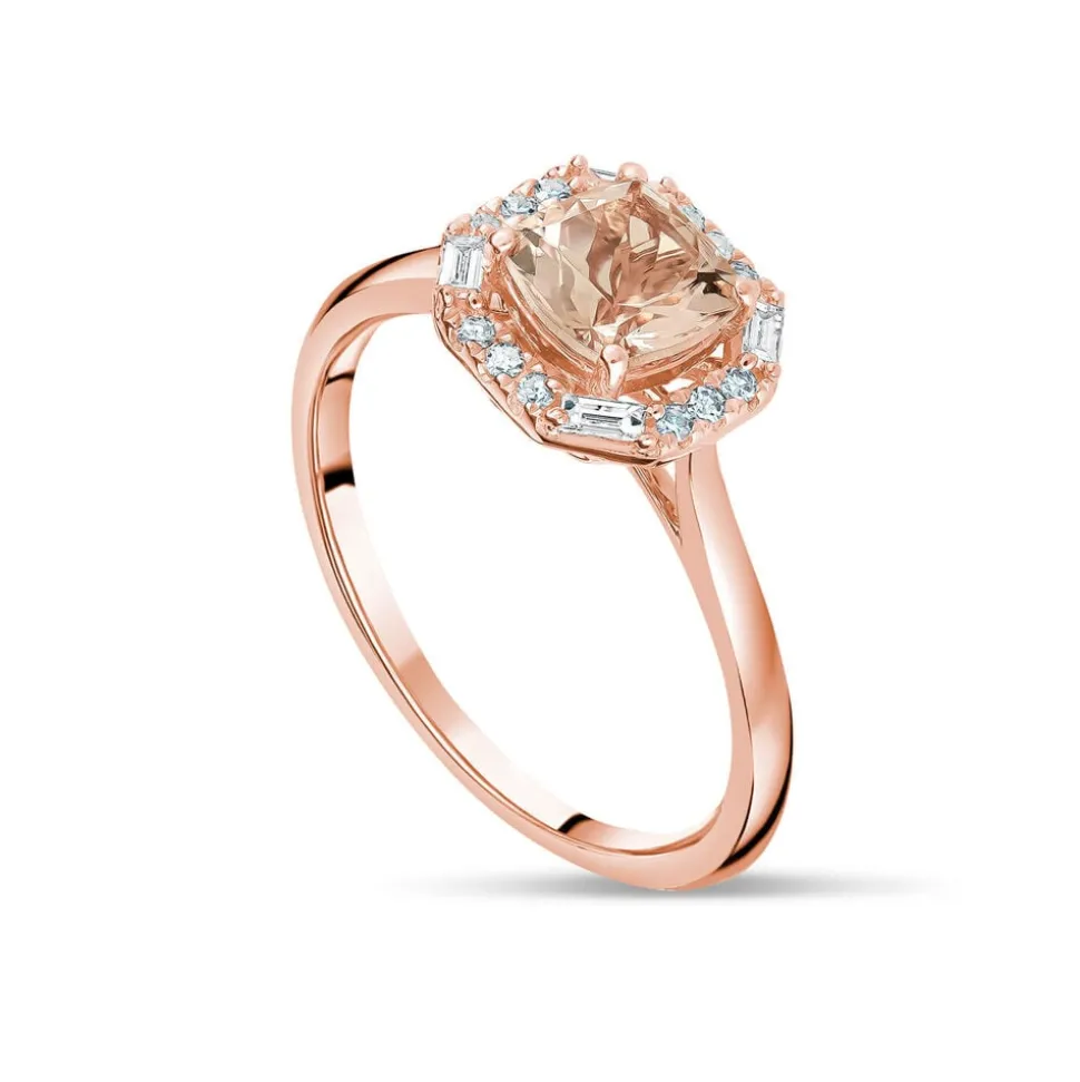 9ct Rose Gold Octagonal Morganite and Diamond Halo Ring