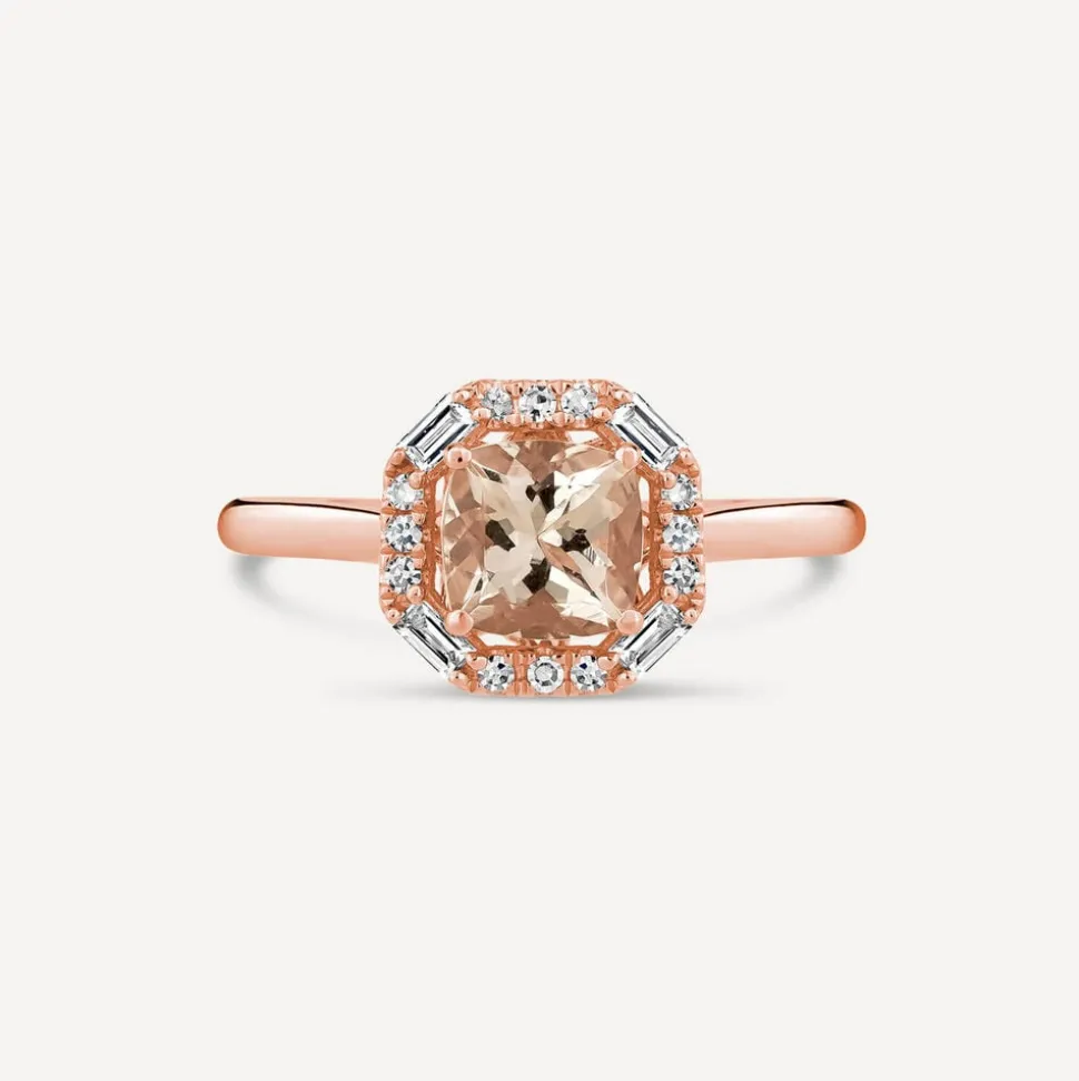 9ct Rose Gold Octagonal Morganite and Diamond Halo Ring