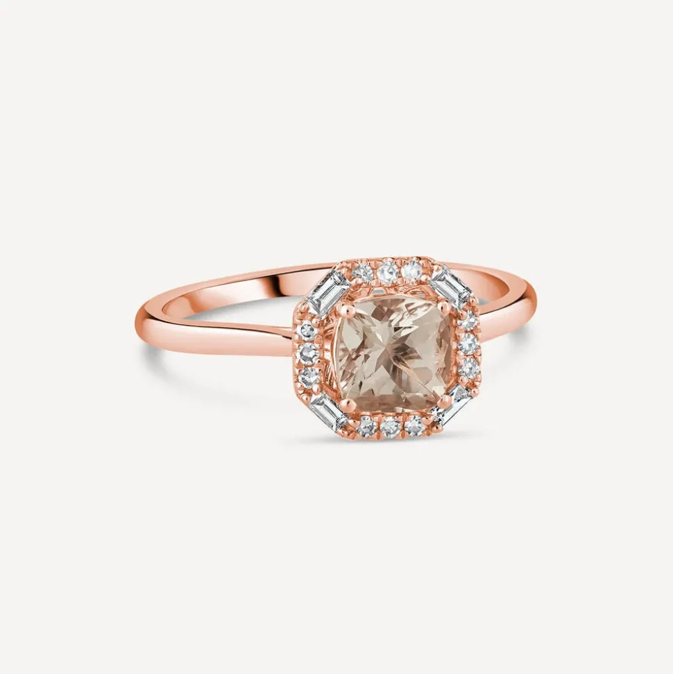 9ct Rose Gold Octagonal Morganite and Diamond Halo Ring
