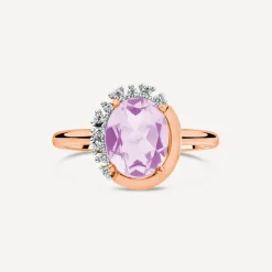 9ct Rose Gold Oval Amethyst & Half Set Diamond Surrounded Ring