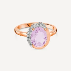 9ct Rose Gold Oval Amethyst & Half Set Diamond Surrounded Ring