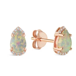 9ct Rose Gold Pear Opal Diamond Top&Bottom Stud Earrings