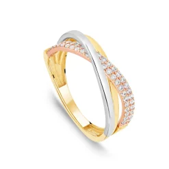 9ct Three Colour Gold Cubic Zirconia Set Cross Over Ring