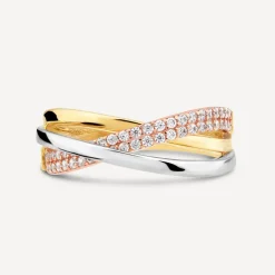 9ct Three Colour Gold Cubic Zirconia Set Cross Over Ring