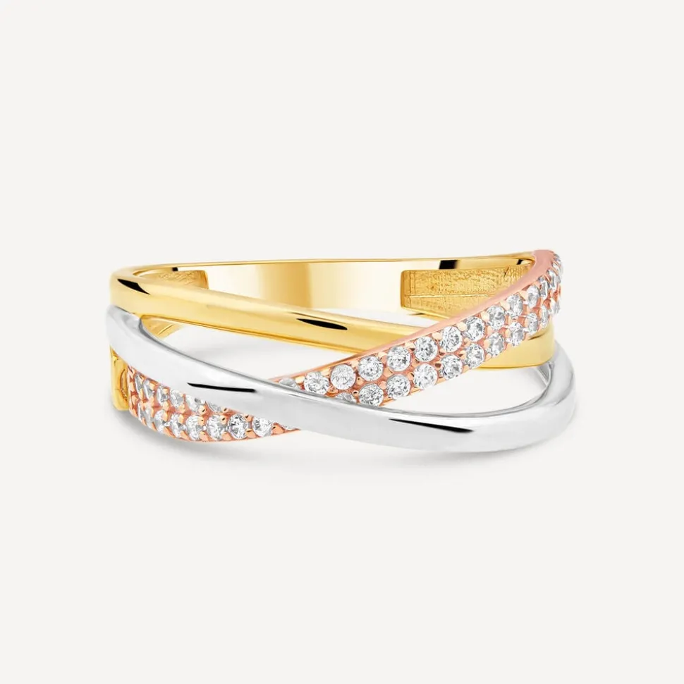 9ct Three Colour Gold Cubic Zirconia Set Cross Over Ring