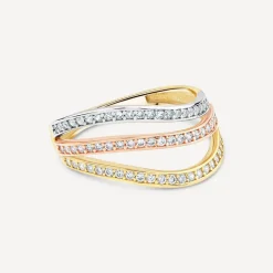 9ct Three Colour Gold Cubic Zirconia Set Three Strands Band Ring