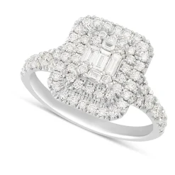 18ct White Gold 1.00 Carat Baguette and Round Brilliant Diamond Halo Cluster Ring