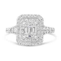 18ct White Gold 1.00 Carat Baguette and Round Brilliant Diamond Halo Cluster Ring