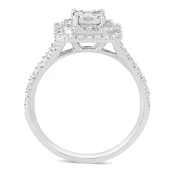 18ct White Gold 1.00 Carat Baguette and Round Brilliant Diamond Halo Cluster Ring