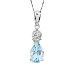 9ct White Gold Pear Blue Topaz & Diamond Top Pendant
