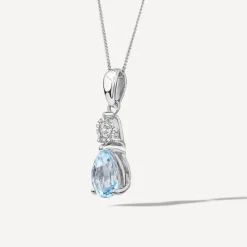 9ct White Gold Pear Blue Topaz & Diamond Top Pendant