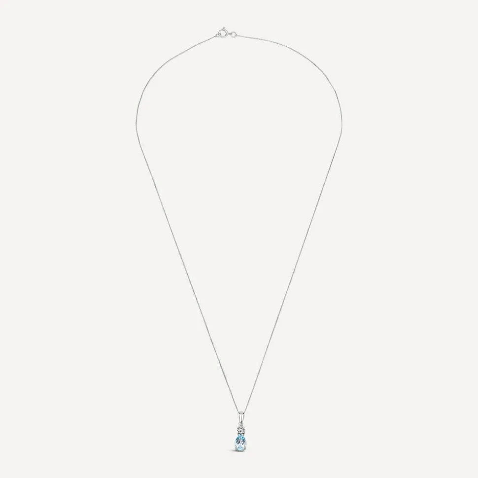 9ct White Gold Pear Blue Topaz & Diamond Top Pendant