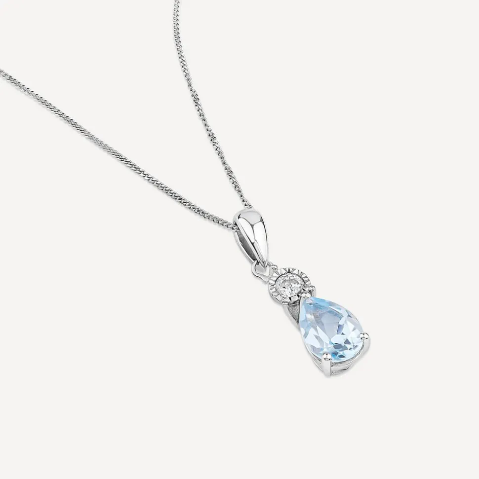 9ct White Gold Pear Blue Topaz & Diamond Top Pendant