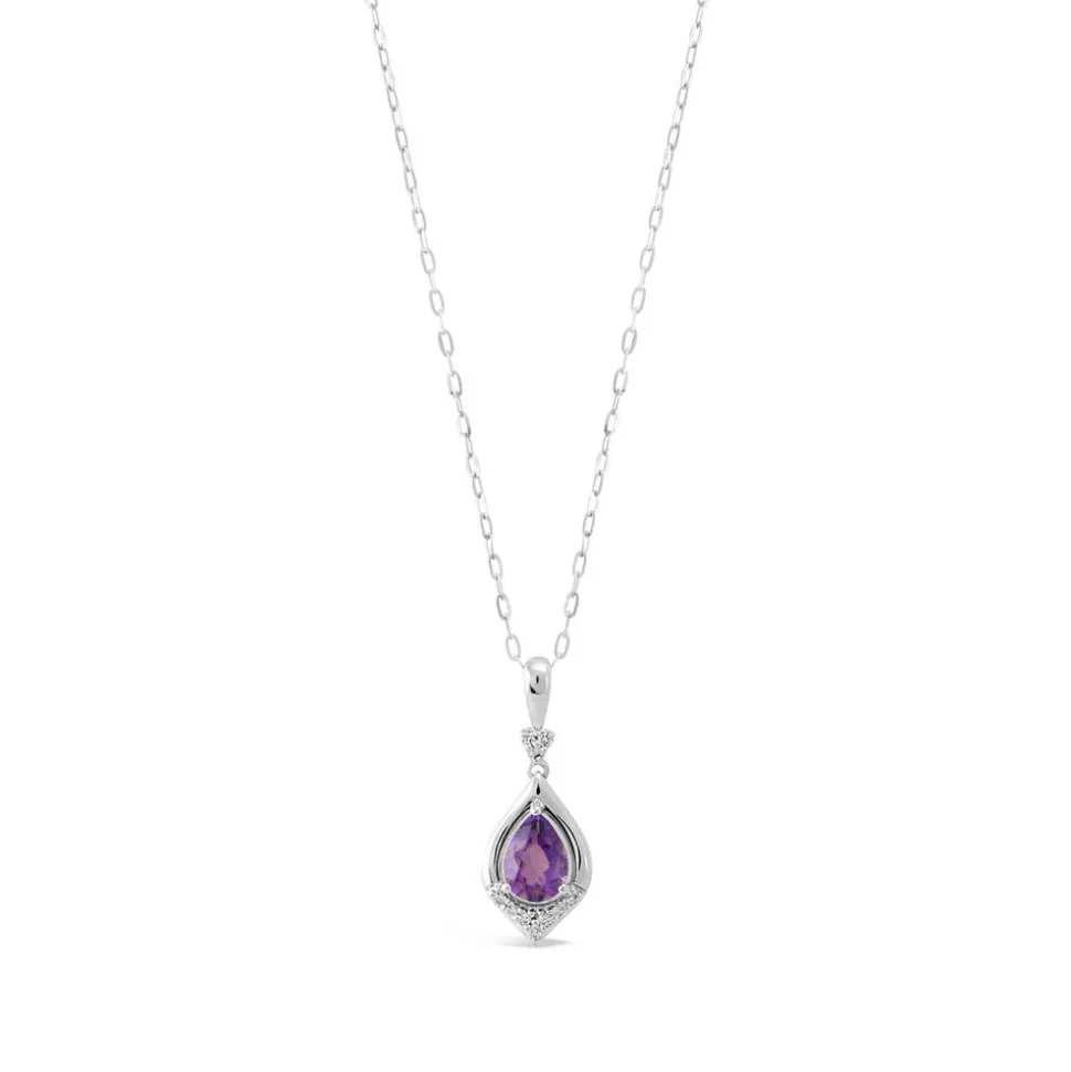 9ct White Gold Amethyst and Diamond Drop Pendant