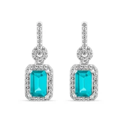 9ct White Gold Blue Topaz & 0.20ct Diamond Halo Drop Earrings