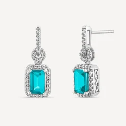 9ct White Gold Blue Topaz & 0.20ct Diamond Halo Drop Earrings