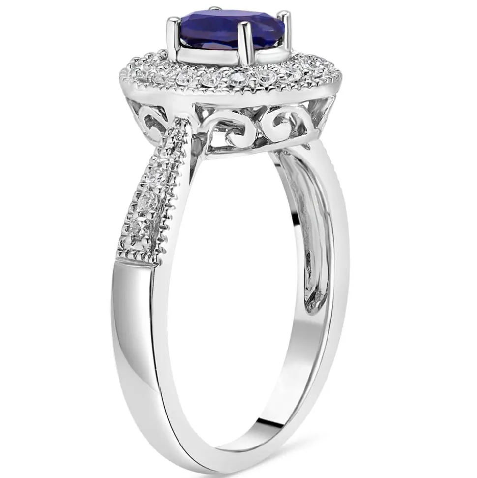 9ct White Gold Claw & Pave 0.17ct Diamond & Created Sapphire Halo Ladies Ring