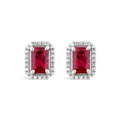 9ct White Gold Created Ruby And Diamond Rectangular Stud Earrings