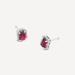 9ct White Gold Created Ruby And Diamond Rectangular Stud Earrings