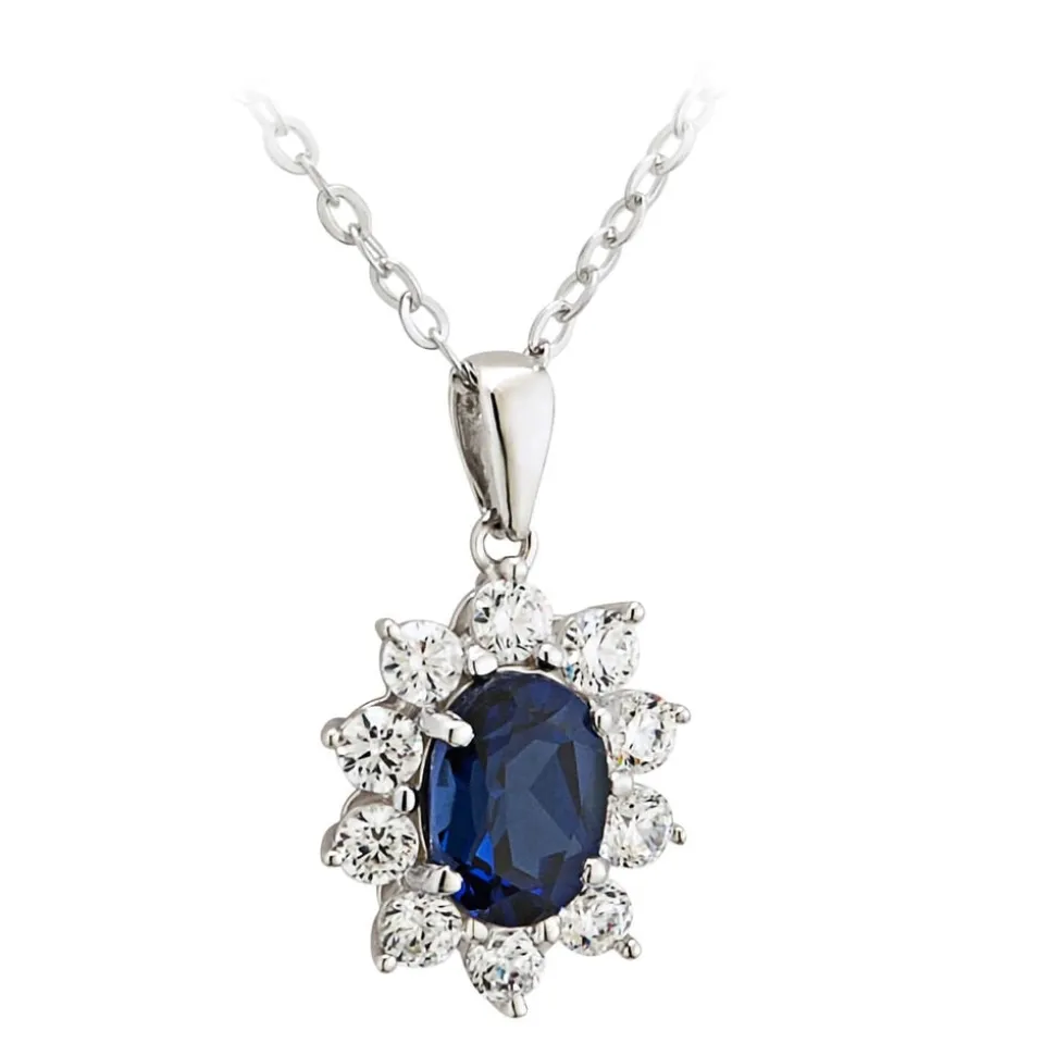 9ct White Gold Created Sapphire and Cubic Zirconia Pendant (Chain Included)