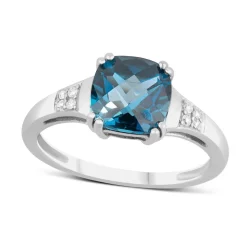 9ct White Gold 0.02ct Diamond Sides Cushion Blue Topaz Ring