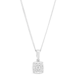 9ct White Gold 0.125ct Diamond Square Rub Over Cluster Pendant
