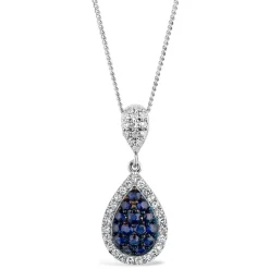 9ct White Gold 0.15ct Diamond and Sapphire Pear Drop Pendant