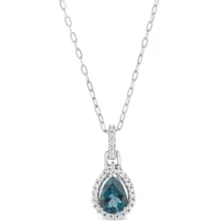9ct White Gold 0.10ct Diamond and Blue Topaz Pear Pendant
