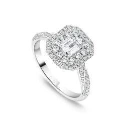 18ct White Gold 1.00ct Diamond Emerald Cut Centre Double Halo & Shoulders Ring