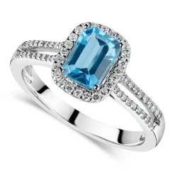 9ct White Gold 0.20ct Diamond and Blue Topaz Emerald Halo Ring