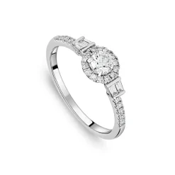 18ct White Gold 0.49ct Diamond Halo Baguette Shoulders Ring