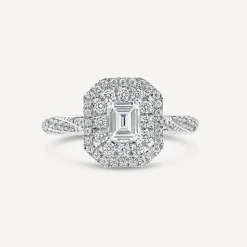 18ct White Gold 1.00ct Diamond Emerald Cut Centre Double Halo & Shoulders Ring
