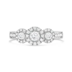 18ct White Gold 0.50ct Diamond Three Stone Halo Ring