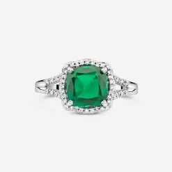 9ct White Gold 0.15ct Diamond and Created Emerald Cushion Halo Ring