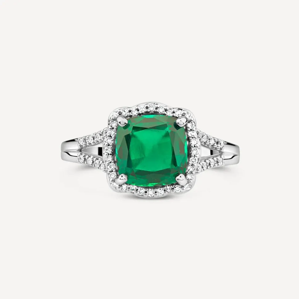 9ct White Gold 0.15ct Diamond and Created Emerald Cushion Halo Ring