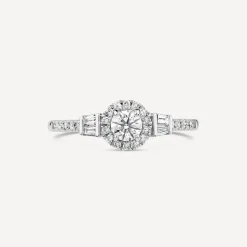 18ct White Gold 0.49ct Diamond Halo Baguette Shoulders Ring