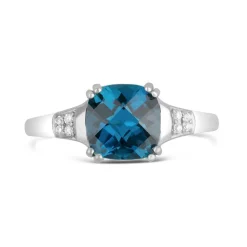9ct White Gold 0.02ct Diamond Sides Cushion Blue Topaz Ring