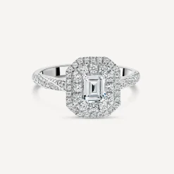 18ct White Gold 1.00ct Diamond Emerald Cut Centre Double Halo & Shoulders Ring