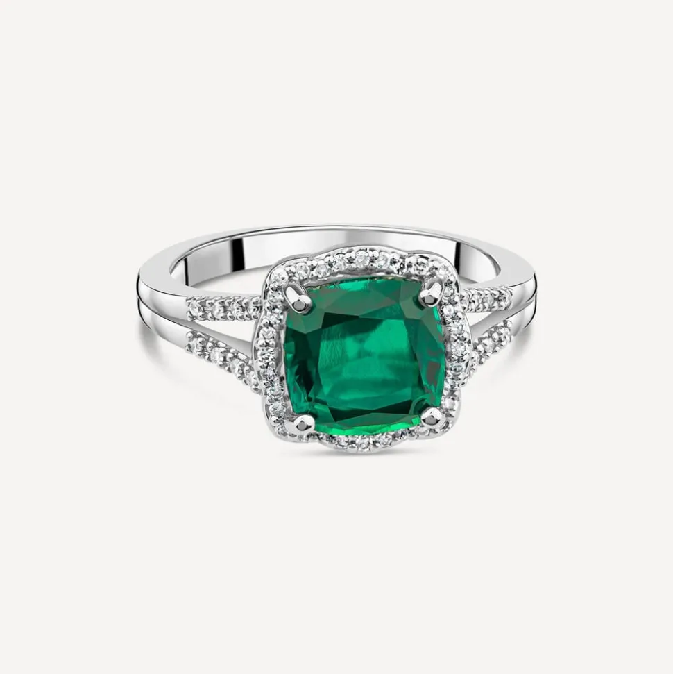 9ct White Gold 0.15ct Diamond and Created Emerald Cushion Halo Ring