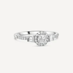 18ct White Gold 0.49ct Diamond Halo Baguette Shoulders Ring