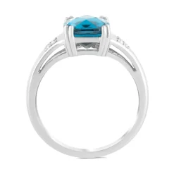9ct White Gold 0.02ct Diamond Sides Cushion Blue Topaz Ring