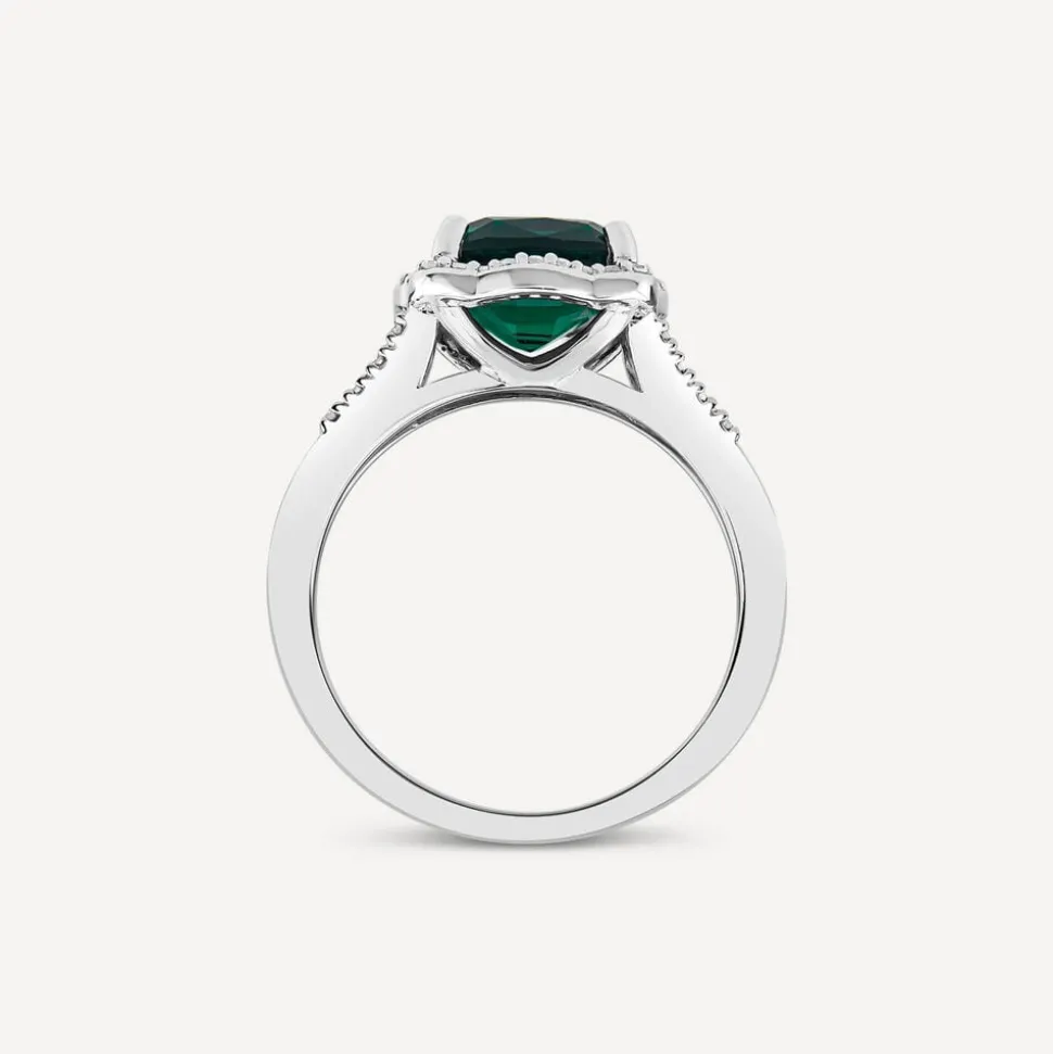 9ct White Gold 0.15ct Diamond and Created Emerald Cushion Halo Ring