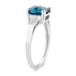 9ct White Gold 0.02ct Diamond Sides Cushion Blue Topaz Ring