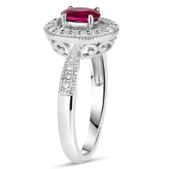 9ct White Gold 0.17ct Diamond and Created Ruby Pave Halo Ring