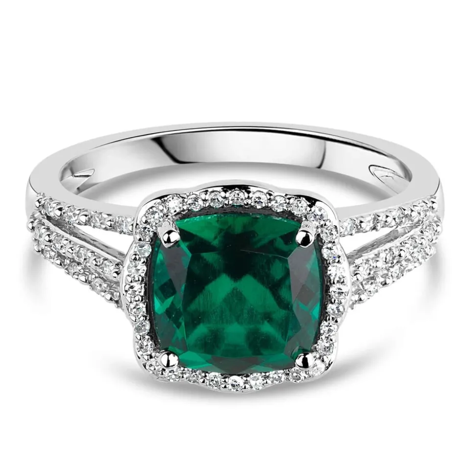 9ct White Gold 0.15ct Diamond and Created Emerald Cushion Halo Ring