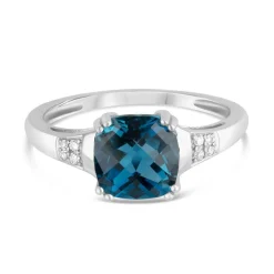 9ct White Gold 0.02ct Diamond Sides Cushion Blue Topaz Ring