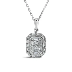 9ct White Gold 0.20ct Octagonal Baguette & Round Cluster Diamond Pendant