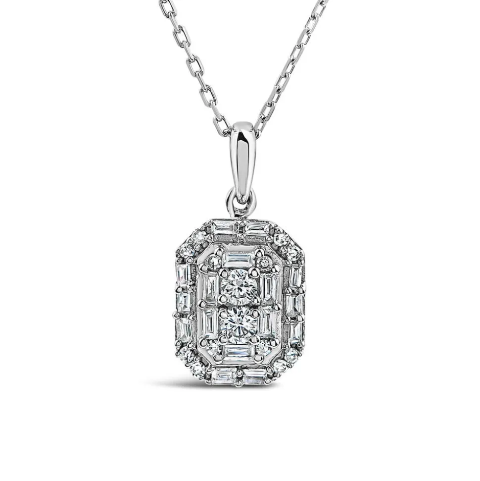 9ct White Gold 0.20ct Octagonal Baguette & Round Cluster Diamond Pendant