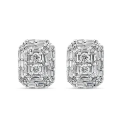 9ct White Gold 0.30ct Octagonal Baguette & Round Cluster Stud Earrings